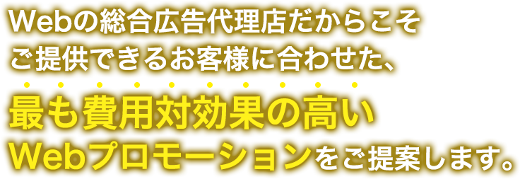 Webの総合広告代理店だからこそご提供できるお客様に合わせた、最も費用対効果の高いWebプロモーションをご提案します。